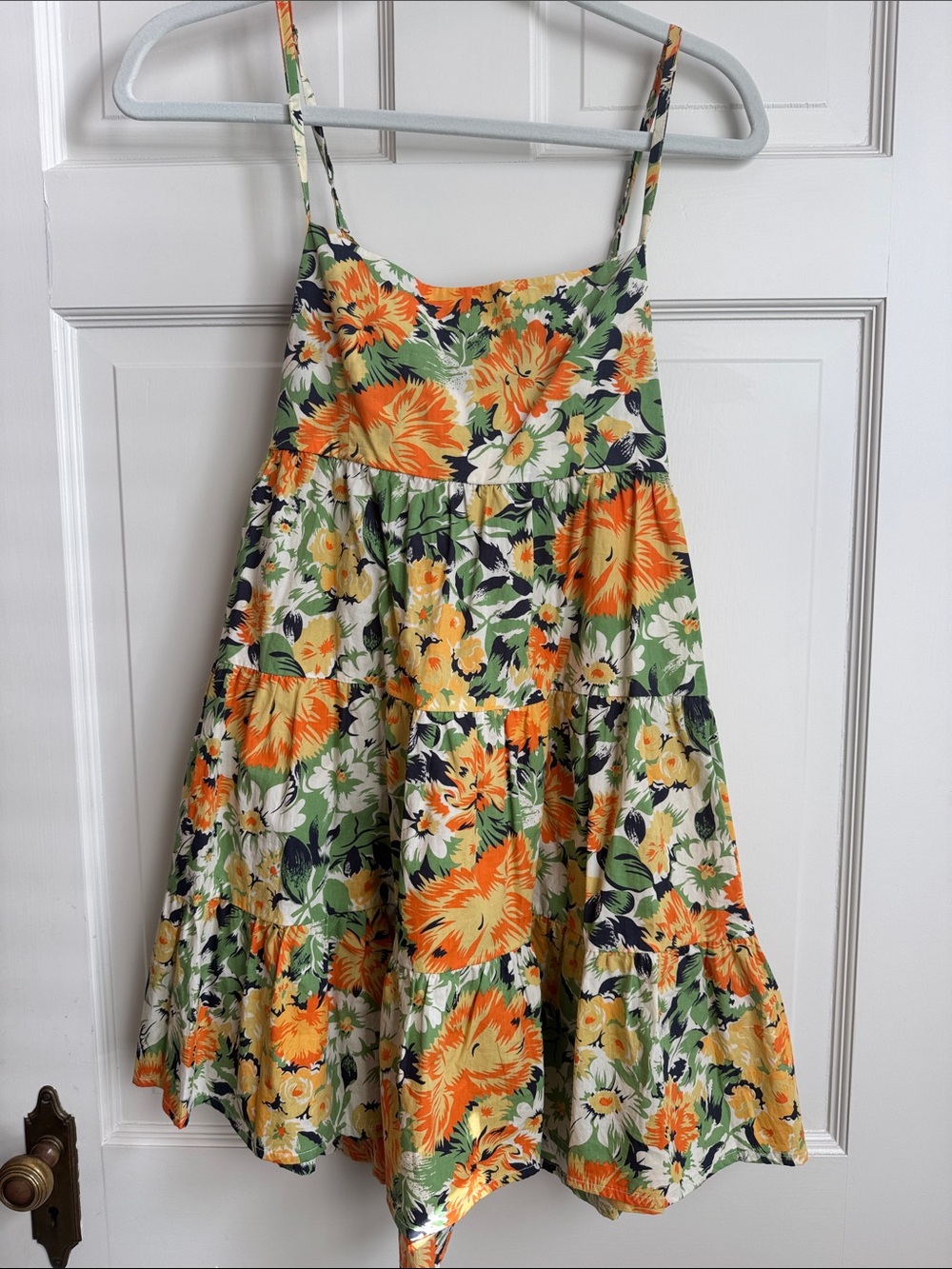 Faithfull the Brand Orange & Green Floral Tiered Spaghetti-Strap Dress